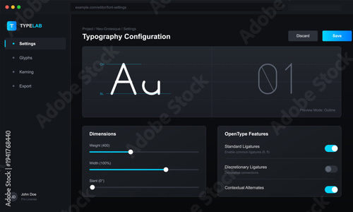 A dark mode user interface for a typography configuration tool