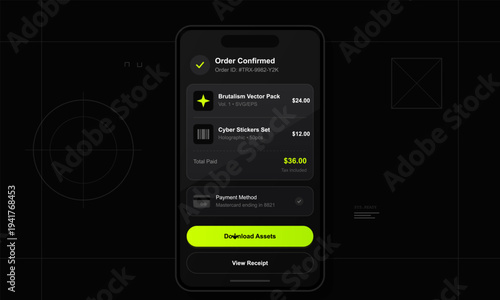 A smartphone screen displays a dark mode order confirmation interface