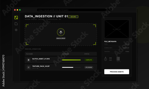 A dark-themed digital user interface for data ingestion and asset