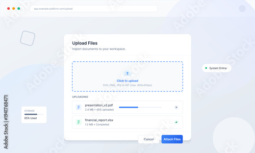 A clean vector illustration of a file upload interface on a web