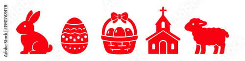 Red Easter icon set featuring a bunny rabbit, decorated egg, basket, church, and sheep. Minimalist silhouette vector graphics for holiday celebrations and spring greeting card designs.