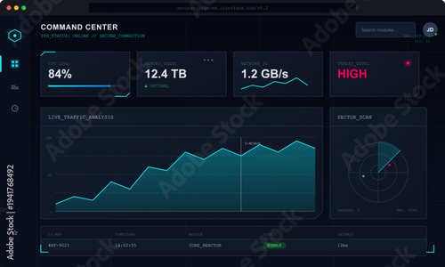 Futuristic digital command center dashboard featuring real-time data