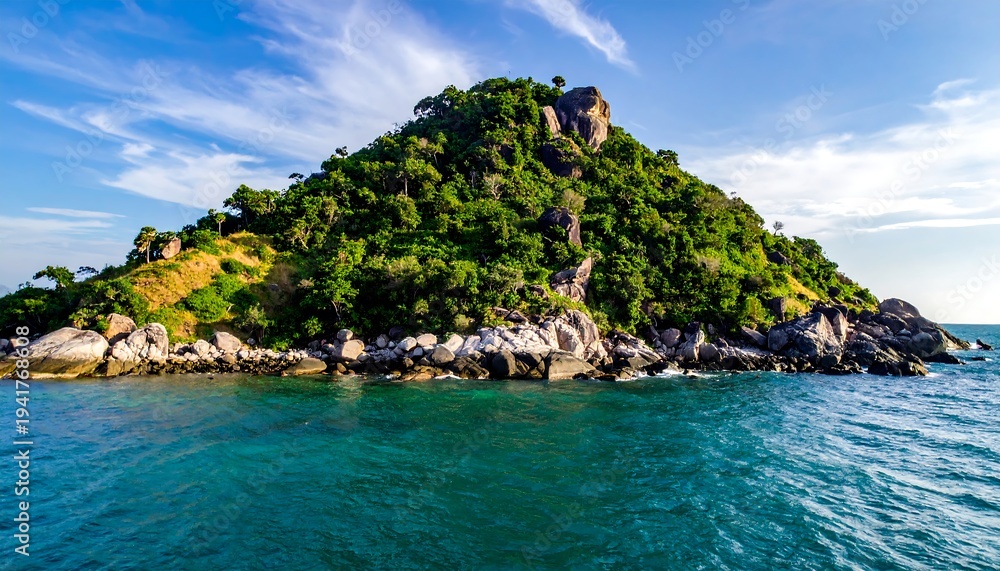 Obraz premium Lush green island rises from turquoise sea under a partly cloudy bright sky