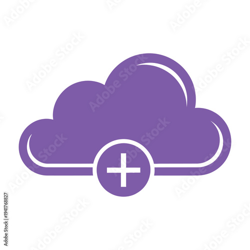 Purple cloud icon with plus sign symbolizing cloud storage and data addition on white background