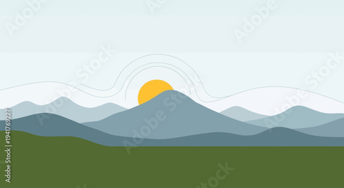 Sunrise over layered mountains, minimalist landscape, digital art, serene nature scene