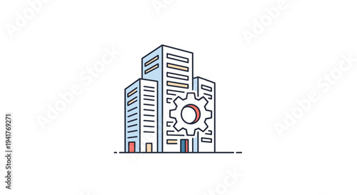 Modern corporate building with gear symbol, business industry concept illustration