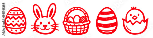 Set of hand-drawn red Easter icons featuring a cute bunny, chick, basket, and decorated eggs. Minimalist line art for festive holiday designs, cards, and digital crafts.