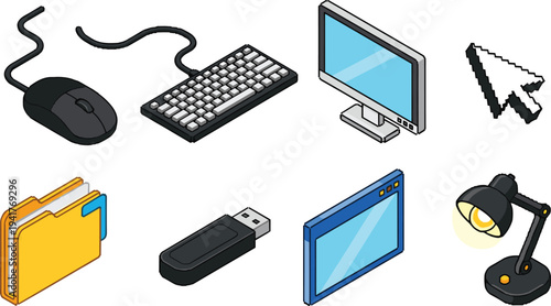 Isometric computer accessories icon set with mouse keyboard monitor cursor folder usb drive and desk lamp