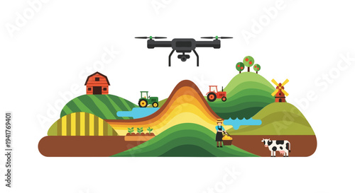 Precision Agriculture Concept: Drone Monitoring a Vibrant Modern Farm Landscape. Smart Farming Technology Vector Illustration