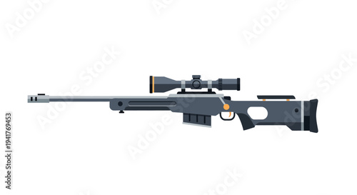 Modern sniper rifle with scope, isolated on white background, vector illustration.
