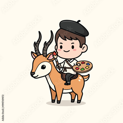 A cartoon painter, wearing a beret and holding a paintbrush and palette, rides an animal with large horns on a neutral background