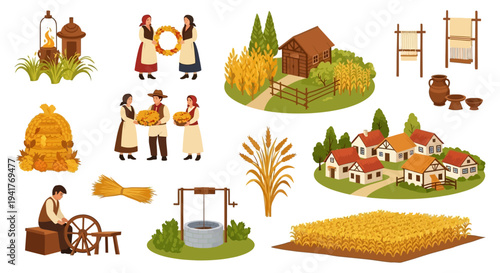 Traditional Folk Harvest and Peasant Village Life Vector Set. Ancient Farming, Culture, Traditional Dress, Wheat, Crafts, Barn and Weaving Loom Icons.