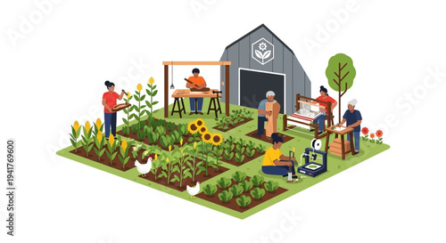 Sustainable Community Farm: Multigenerational people farming, 3D printing, weaving, and woodworking. Fusion of traditional crafts and modern technology.