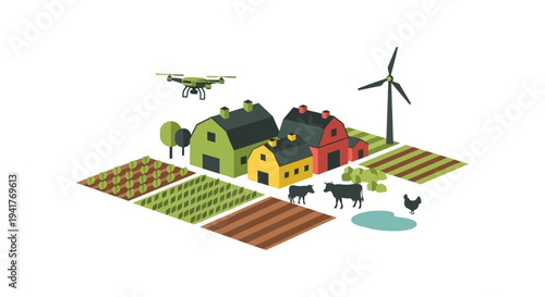 Smart Farming Isometric Concept: Drone Monitoring Fields, Wind Turbine, Barns, and Livestock