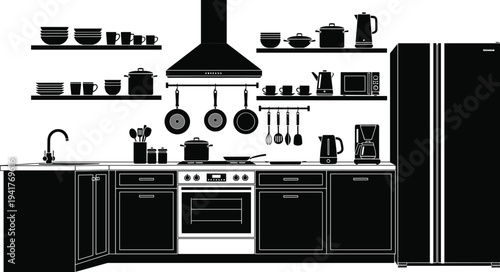 Black and white kitchen interior with appliances and utensils