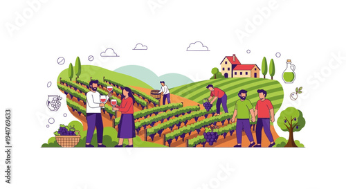 Flat Vector Illustration of Vineyard Workers Harvesting Grapes and Couple Tasting Wine on Rural Farm.