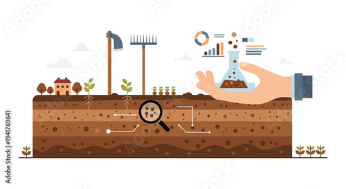 Soil Analysis and Agronomy Research Illustration. Scientist Hand Testing Soil Health, Microbes, and Plant Growth in Earth Cross-Section Layers.