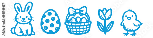 Set of blue hand-drawn Easter icons featuring a cute bunny, decorated egg, basket, tulip, and baby chick. Minimalist line art illustration for spring holiday designs and decorations.