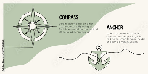 Vertical banner with compass and anchor drawn in one line. Doodle illustration. Maritime symbol.