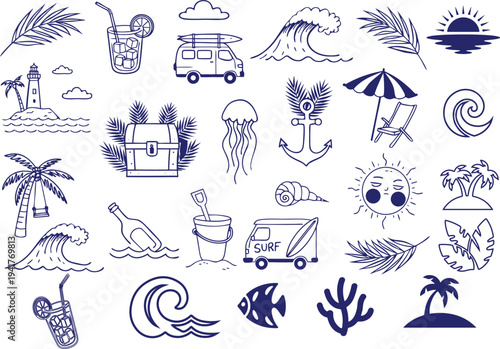 Summer vacation doodle set with various beach and sea elements vector illustration