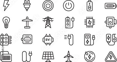 Black and white of various electrical and energy-related symbols and electricity