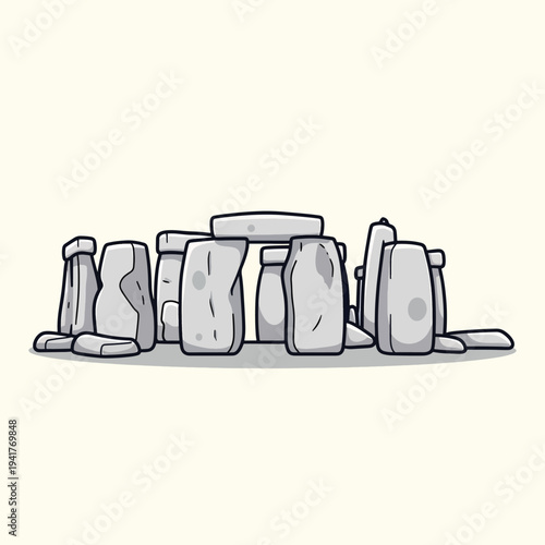 A cartoon illustration of an ancient stone monument, grey in color, on a light beige backdrop. Simple style