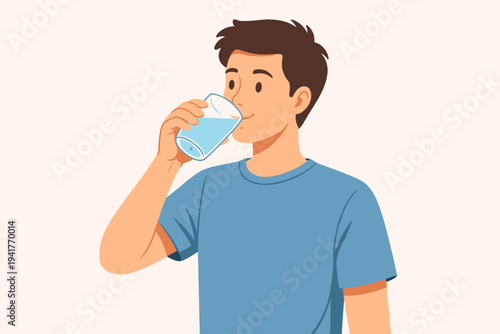 Vector illustration of a young man drinking a glass of fresh water, healthy lifestyle concept, hydration and wellness, simple flat design character isolated on a light background for web and print