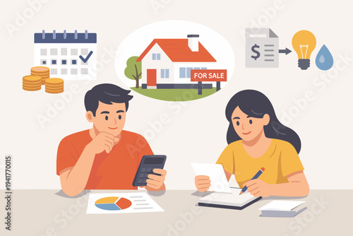 Young couple planning their budget to buy a new house, man using calculator and woman writing in notebook, managing monthly expenses, mortgage payments, and utility bills, flat vector illustration.