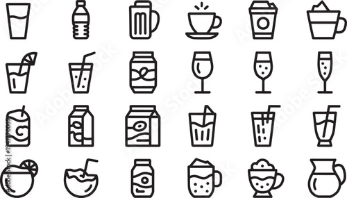 Black and white of various drinks and beverages in different containers and glasses