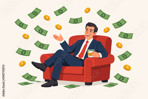 Successful Businessman in a Blue Suit Sitting in a Red Armchair with a Glass of Whiskey while Money Bills and Gold Coins Rain Down Around Him, Flat Vector Illustration of Wealth and Success.