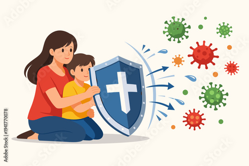 Mother and child holding a medical shield with a cross symbol to protect themselves from viral infections, bacteria, and COVID-19 coronavirus particles, health protection and immunity concept.