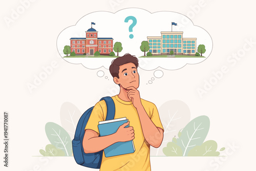 Young male student with backpack and notebook thinking about college choice, deciding between two different university buildings in a thought bubble, flat vector illustration of higher education.
