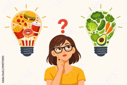 Vector illustration of a thinking woman with glasses deciding between healthy and unhealthy food choices shown in lightbulbs filled with fresh vegetables versus junk food like pizza and burger.