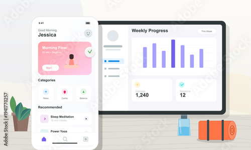 A flat vector illustration of a fitness mobile application and a web