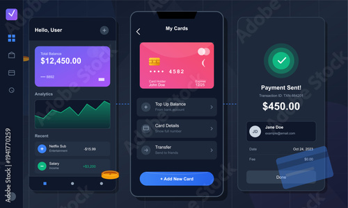 This illustration displays a dark themed fintech app UI with three