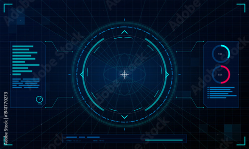 A futuristic heads-up display interface with a circular targeting