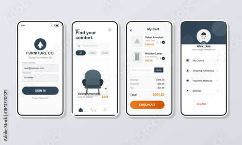 A set of four mobile application user interface screens for a