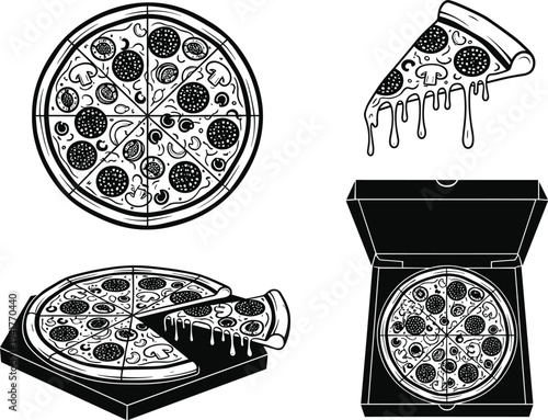 Black pizza silhouette set including whole pepperoni pizza, dripping melted cheese slice, and open delivery box isolated on white background for restaurant menu.