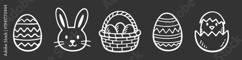 Set of white hand-drawn Easter doodles on dark background including bunny, chick hatching, basket, and decorated eggs. Minimalist chalkboard style holiday banner.
