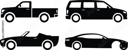 Four distinct black silhouette vehicles showcasing various car types and designs