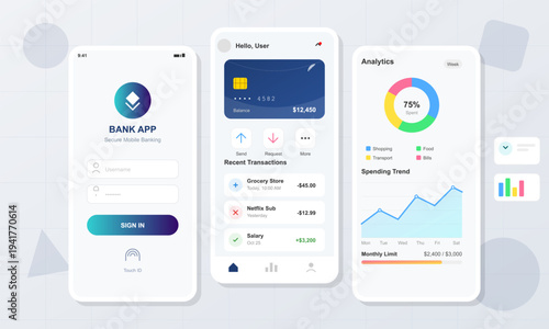 Modern mobile banking app interface with login screen, account dashboard, transaction list, analytics charts, and fintech widgets, designed as clean smartphone UI mockup screens.