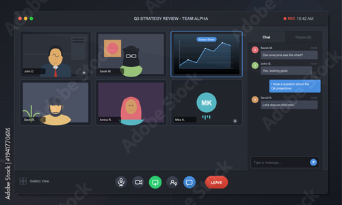 A stylized vector illustration of a virtual meeting interface