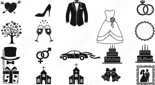 Wedding icon set in black silhouette style including bride dress, groom suit, rings, cake, church, car, and romantic elements isolated vector illustration.
