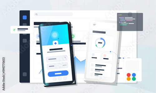 A flat vector illustration showing mobile and web application