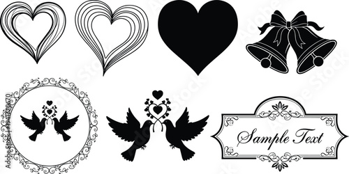 Wedding ornament set featuring black silhouette hearts, love birds doves, ceremonial bells with bow, vintage floral frames, and romantic decorative elements isolated vector illustration.