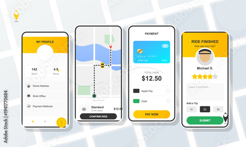 A flat vector illustration showing four mobile phone screens