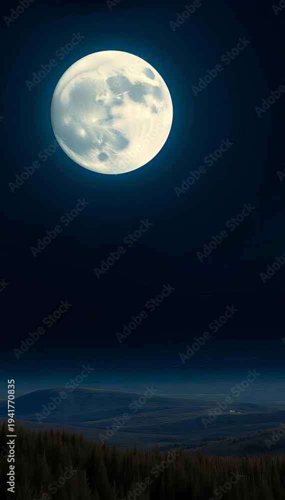 Fototapeta premium A colossal moon hangs in the velvety night sky, casting an ethereal glow over a sleeping landscape, majestic, serene