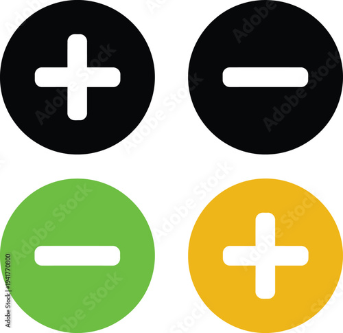 Four circular buttons with plus and minus symbols in contrasting colors