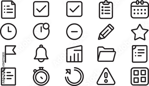 Black and white of various office and productivity symbols document