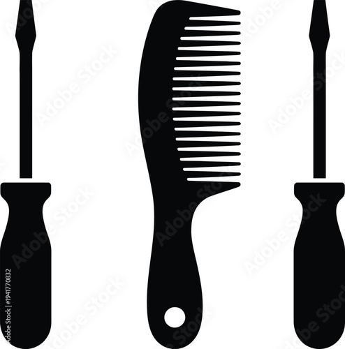 Essential grooming tools including a comb and screwdrivers in black and white